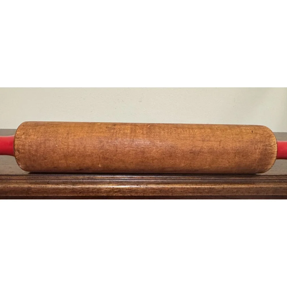 Antique Wood Rolling Pin Painted Red Handles 17.5